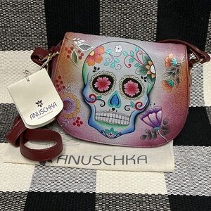 Anuschka nwt Day of the dead sugar skull flowers print hand painted crossbody